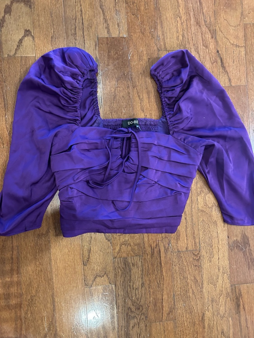 DO+BE Rich Purple Puff Sleeve Ruched Tie-Front Crop Top